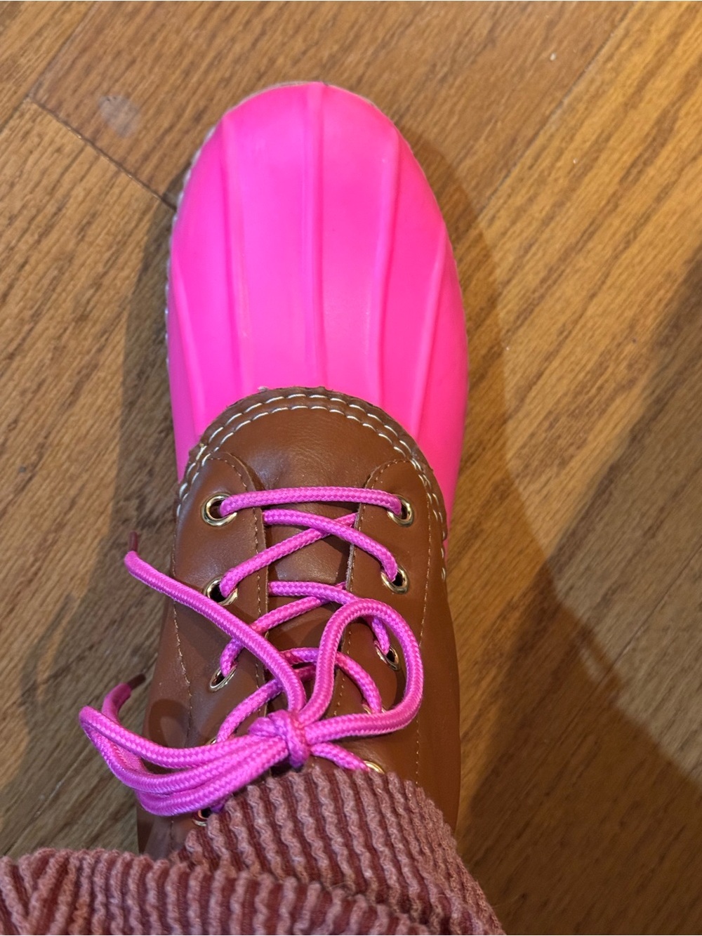 K MISSION -HCS BOUTIQUE Brown and Hot Pink Lace-Up Water Duck Boots - Picture 7 of 7